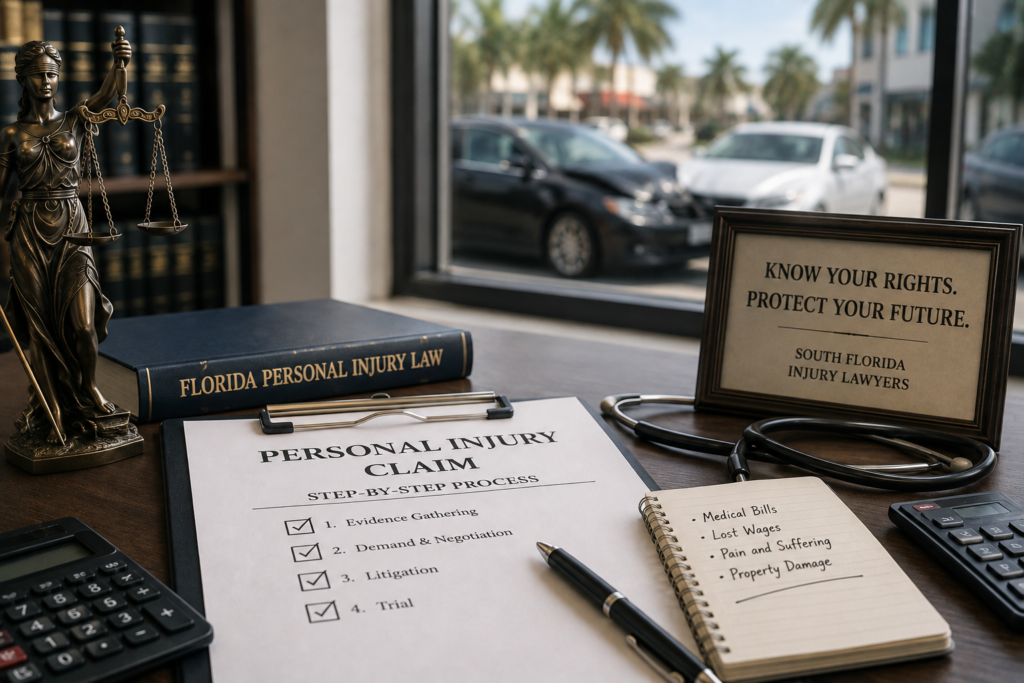 Personal injury claim checklist on a desk with Florida law books and a car accident outside