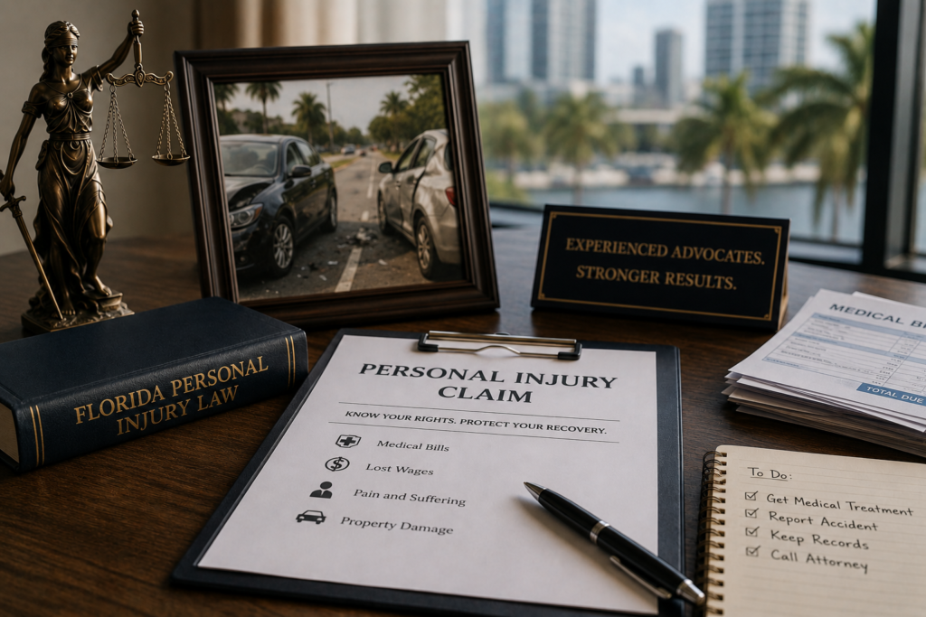 Personal injury claim checklist and Florida law book on a South Florida attorney desk near a car accident photo.