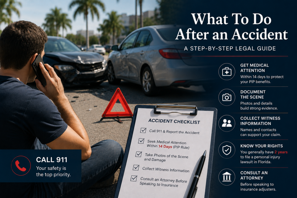 Infographic detailing what to do after a car accident in Florida, including calling 911, seeking medical treatment within 14 days under the PIP rule, documenting scene evidence, collecting witness contact details, and knowing Florida's 2-year personal injury statute of limitations.