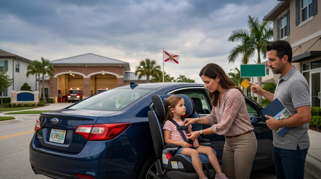 Una madre ajustando correctamente el arnés del asiento de seguridad infantil de su hija en un vehículo en Coral Springs, Florida, con una estación de bomberos al fondo.