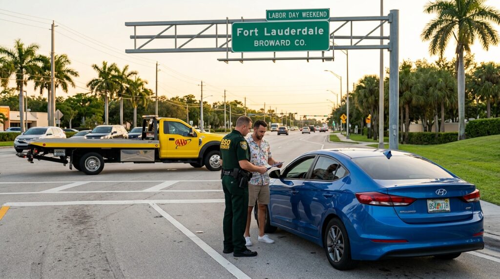 Un oficial del Sheriff de Broward (BSO) realiza una parada de tráfico a un conductor de un coche azul en Fort Lauderdale durante el fin de semana del Día del Trabajo. Detrás hay un camión grúa amarillo y señales de tráfico elevadas que dicen 'Fort Lauderdale' y 'Broward Co.'.