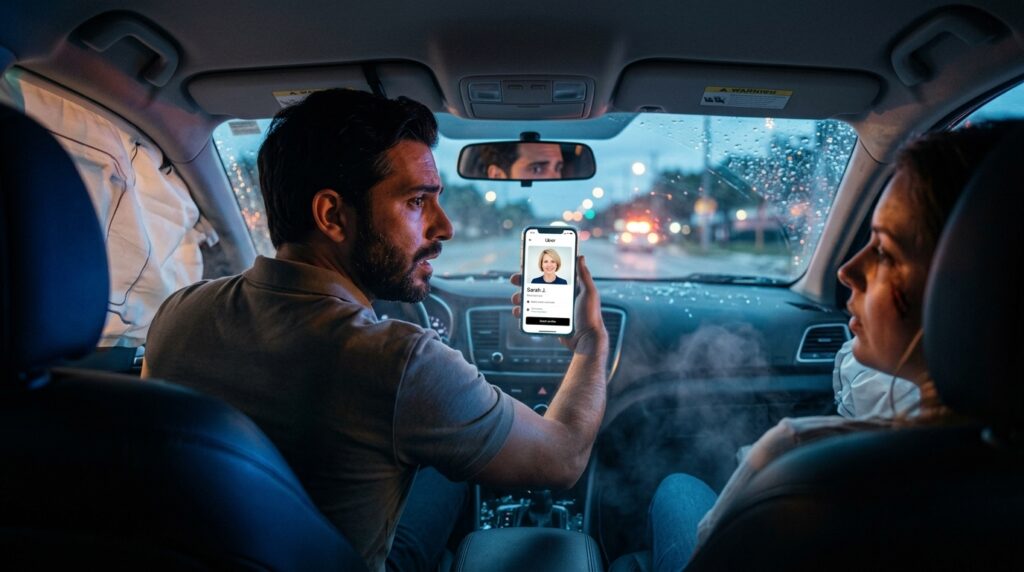 Interior view of a car after a Florida Uber accident, with deployed airbags. A confused male driver holds up his phone showing an Uber driver profile with a female picture, highlighting a discrepancy that can complicate insurance claims and liability.