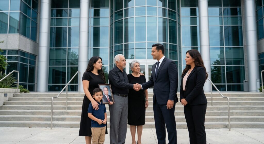 Un abogado bilingüe en Coral Springs, Florida, estrecha la mano de un anciano en duelo, representando a su familia hispana en un caso de muerte injusta. La familia, vestida de luto y de pie en las escaleras de una oficina moderna, sostiene un retrato enmarcado de su ser querido fallecido. Una abogada asiste a su lado.