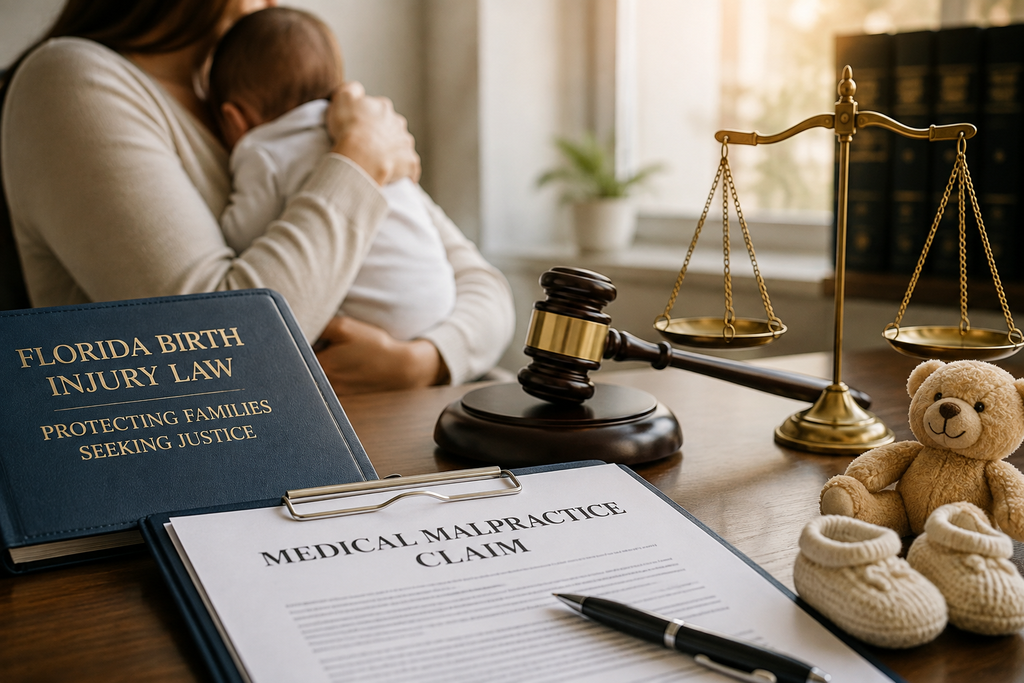 Mother holding an infant behind a desk with a Florida Birth Injury Law book, a medical malpractice claim form, scales of justice, a wooden gavel, and baby booties.