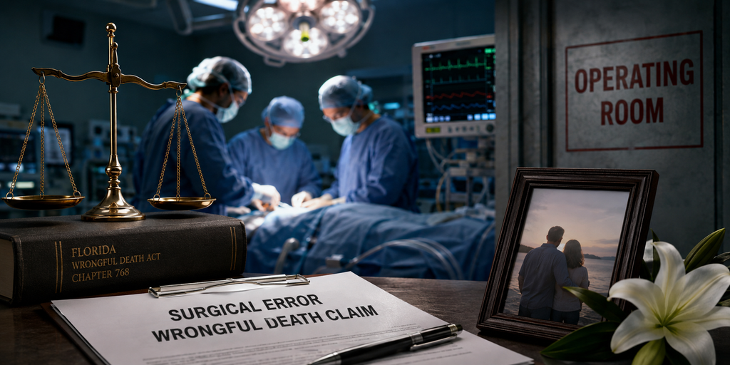 Medical stethoscope resting next to a legal gavel representing Florida surgical error malpractice and wrongful death claims.