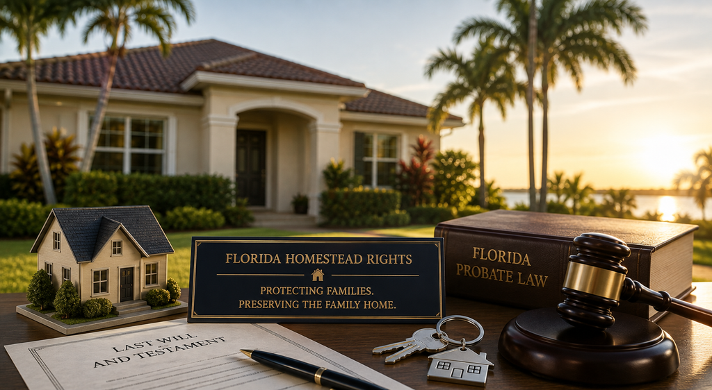 Real estate house keys resting on estate documents representing Florida homestead property transfers after death.