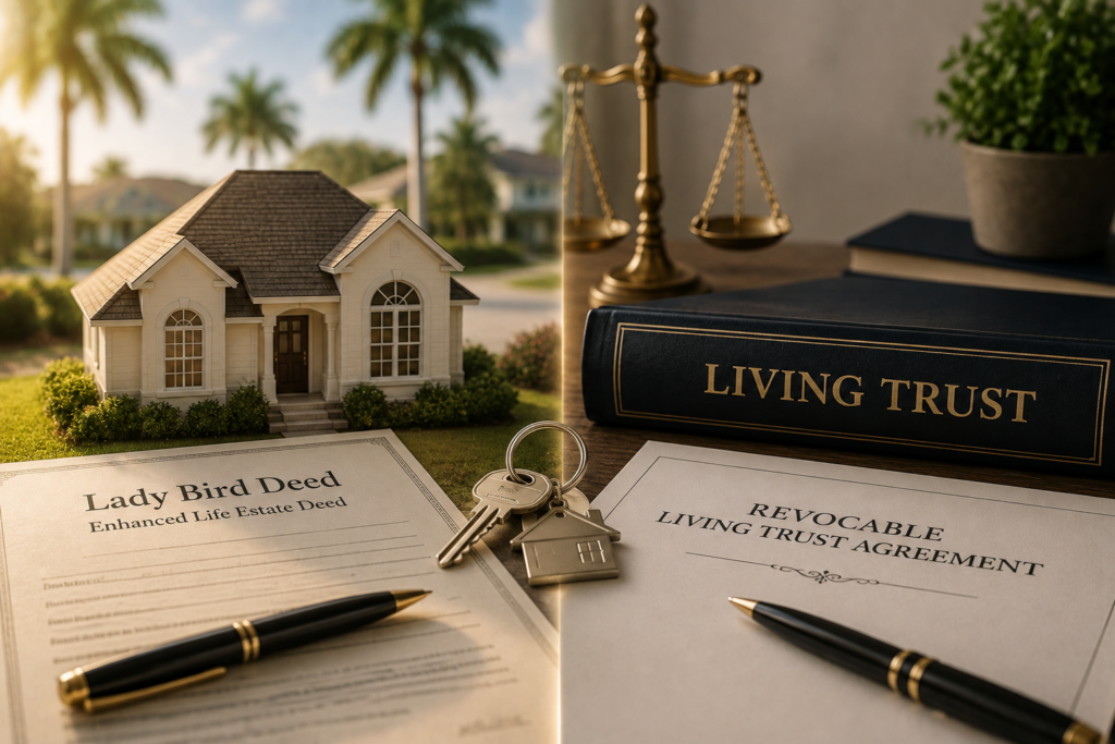 Split view comparing a Lady Bird Deed document with house keys and a model home on the left with a Revocable Living Trust Agreement and scale of justice on the right.