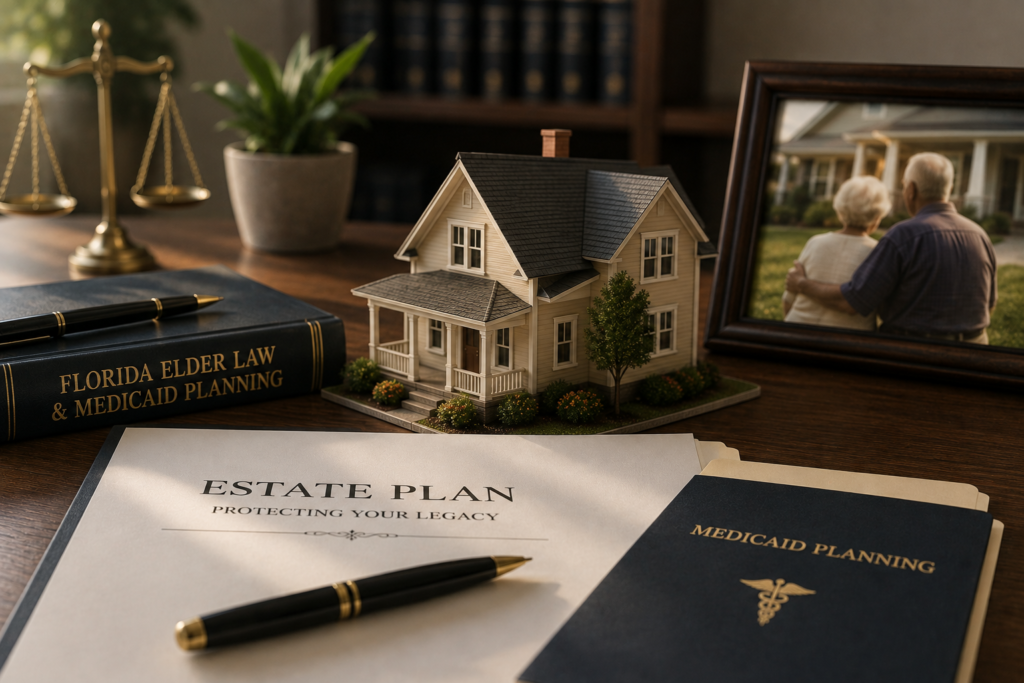 Executive desk displaying a Florida Elder Law book, estate plan folder, scale model home, and senior couple photo representing Medicaid asset protection.