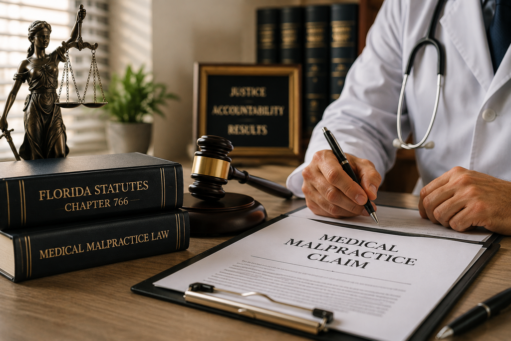 Doctor filling out a medical malpractice claim form alongside Florida Statutes Chapter 766 law books and a wooden gavel.