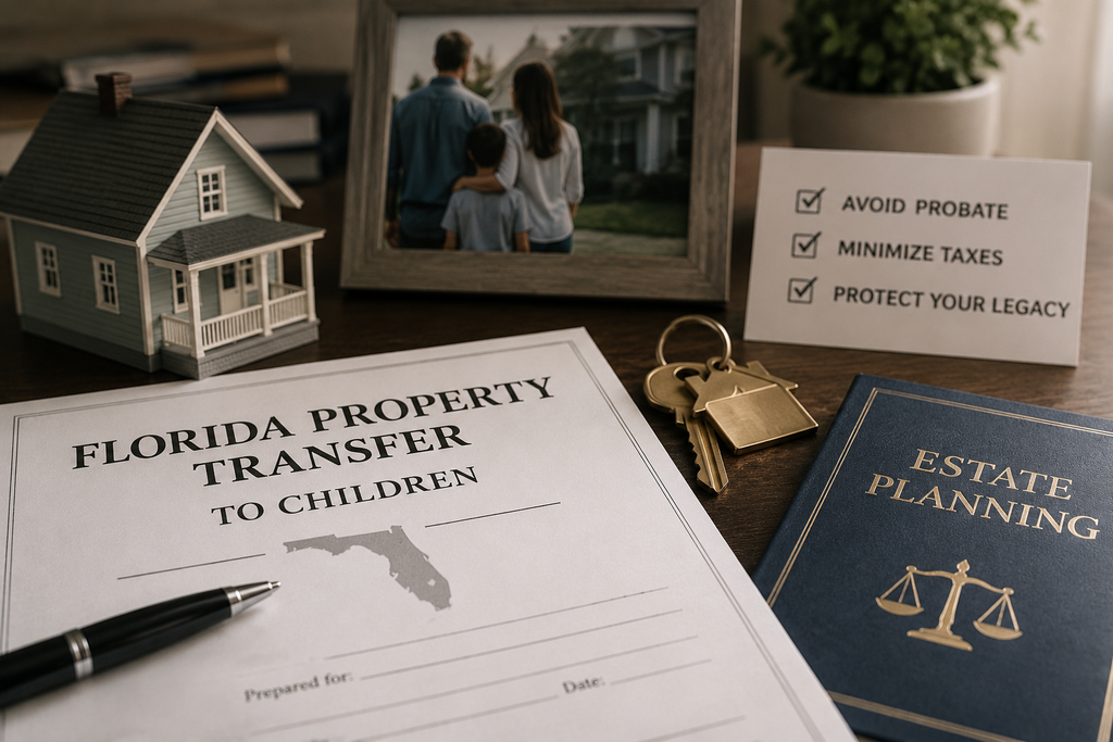 Florida property transfer to children legal documents on a desk with an estate planning book, house keys, miniature home model, and checklist to avoid probate and minimize tax penalties