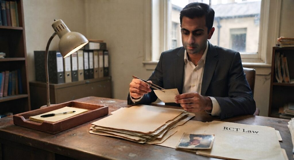 A focused attorney in a suit and tie sits at a wooden desk in an office, carefully examining a small, aged document with tweezers. In front of him are stacked folders, a tray with a pen, and a manila folder labeled 'RCT Law' with an old photograph resting on it. The background features a desk lamp, bookshelves, and a window looking out onto buildings. The atmosphere is meticulous and professional.