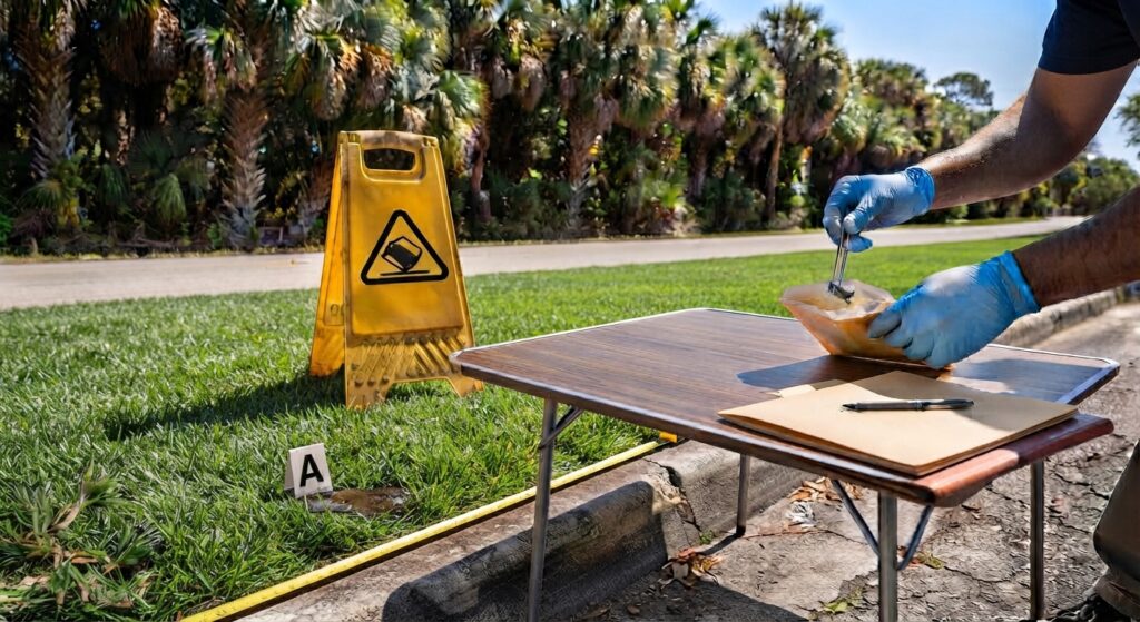 Evidence collection at the scene of a serious Florida rollover accident. An attorney-led investigation team meticulously documents car parts and fluid stains near a hazard sign and evidence marker." (Best for connecting the image to a legal narrative