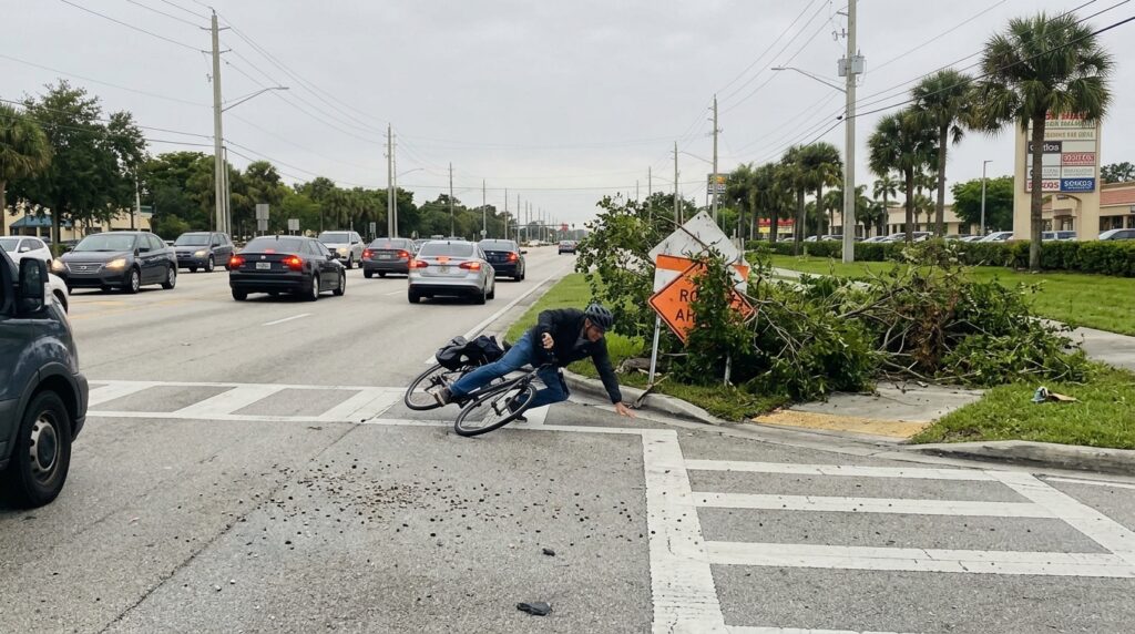 A cyclist falling from a bike on a crosswalk in Coral Springs, Florida, after encountering an overgrown, obscured roadwork sign and loose debris at a busy intersection.
