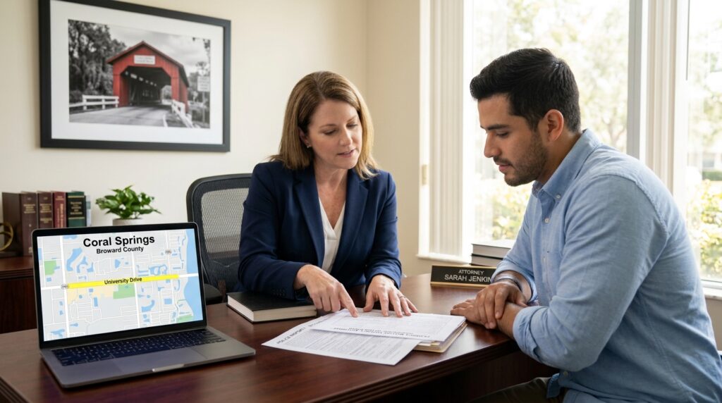Personal injury attorney reviewing a Florida PIP insurance claim and medical records for a car accident client in Coral Springs, Broward County.