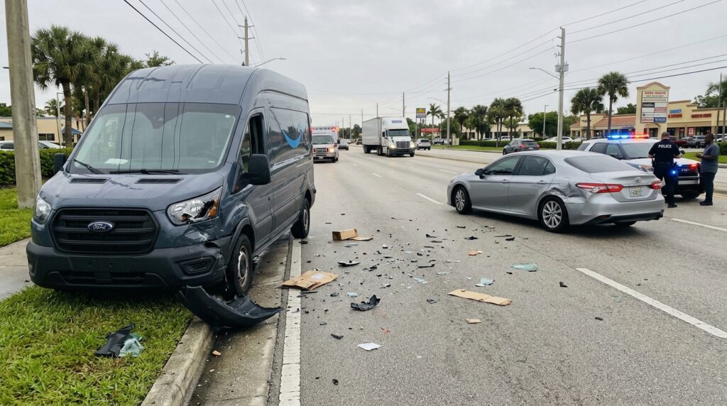 The aftermath of a collision in Coral Springs, Florida, involving a damaged commercial delivery van and a silver sedan with rear-end damage, while police investigate the crash on a busy suburban roadway.