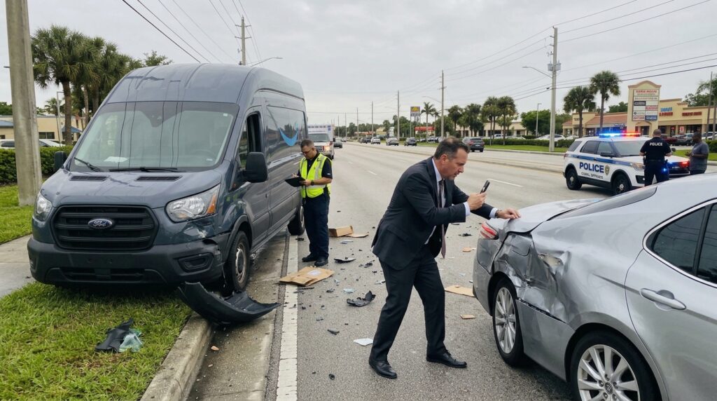 An attorney inspecting a crash site in Coral Springs, Florida, photographing impact damage on a silver sedan following a collision with a commercial delivery van, as an investigator takes notes and police secure the road.