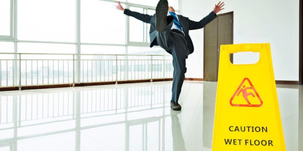 Man slipping backward on a wet tile floor next to a yellow caution sign in a Coral Springs retail building.