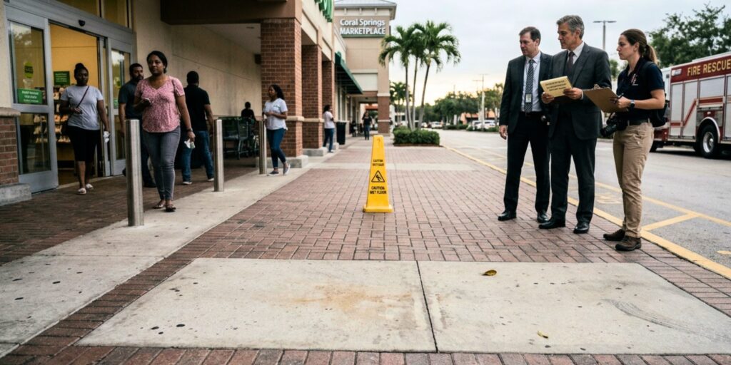Investigators in professional attire and field gear conducting a site inspection near a caution wet floor cone outside a commercial venue at Coral Springs Marketplace. A fire rescue vehicle is parked nearby while shoppers enter the storefront. The visual demonstrates forensic evidence collection and constructive knowledge investigation under Florida Statute § 768.0755.