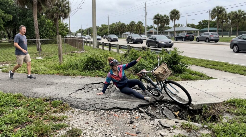 : A cyclist in Coral Springs, Florida falling from a bicycle on a severely cracked, collapsed asphalt park path with an unmarked drop-off, as an onsite pedestrian reacts.