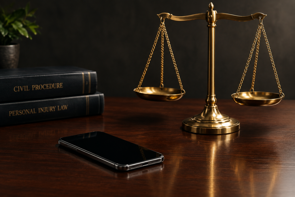 Brass scales of justice on a wooden desk alongside legal textbooks and a smartphone, symbolizing digital evidence gathering by Coral Springs rideshare accident attorneys.
