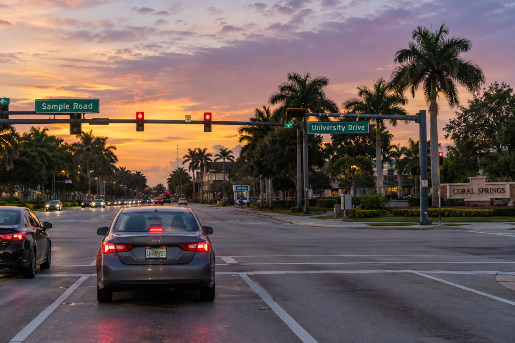 Vehicles stopped at a red traffic light at the intersection of Sample Road and University Drive in Coral Springs Florida during sunset, representing local rideshare accident claim locations.