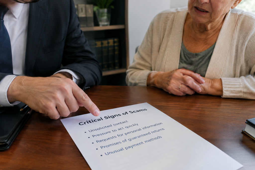 An attorney at Reinfeld Cabrera Tison (RCT Law) in South Florida reviews a "Critical Signs of Scams" document with a concerned elderly client during a fraud recovery case study consultation in Broward County.