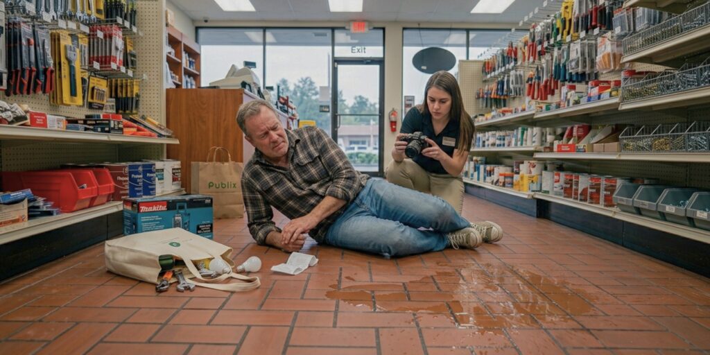 Sober, realistic photograph in a South Florida hardware store showing an injured customer on the tiled floor next to a liquid spill while a companion documents the scene with a digital camera. Image supports premises liability evidence preservation and slip and fall litigation under Florida Statute § 768.0755 in Coral Springs and Fort Lauderdale.