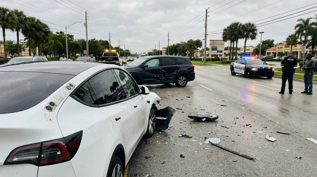 Accident scene on a South Florida road featuring a damaged white Tesla involved in a collision with police officers on site investigating an autonomous vehicle crash.