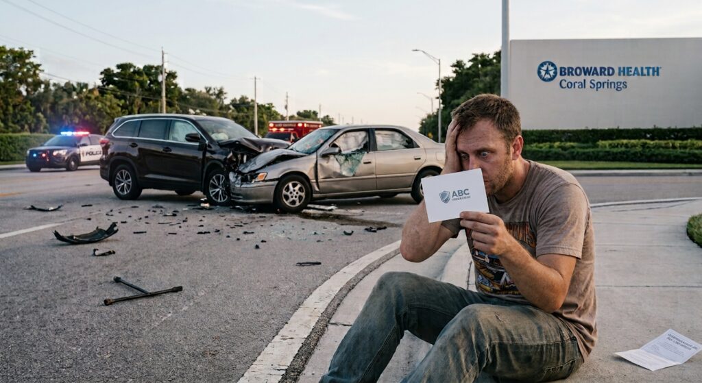 Despondent man sitting on the curb holding an insurance card after a serious head-on collision on a Coral Springs, Florida road. In the background are police with flashing lights, accident debris, a tow truck, and the Broward Health Coral Springs building. Image related to uninsured and underinsured motorist (UM/UIM) and Personal Injury Protection (PIP) legal information.
