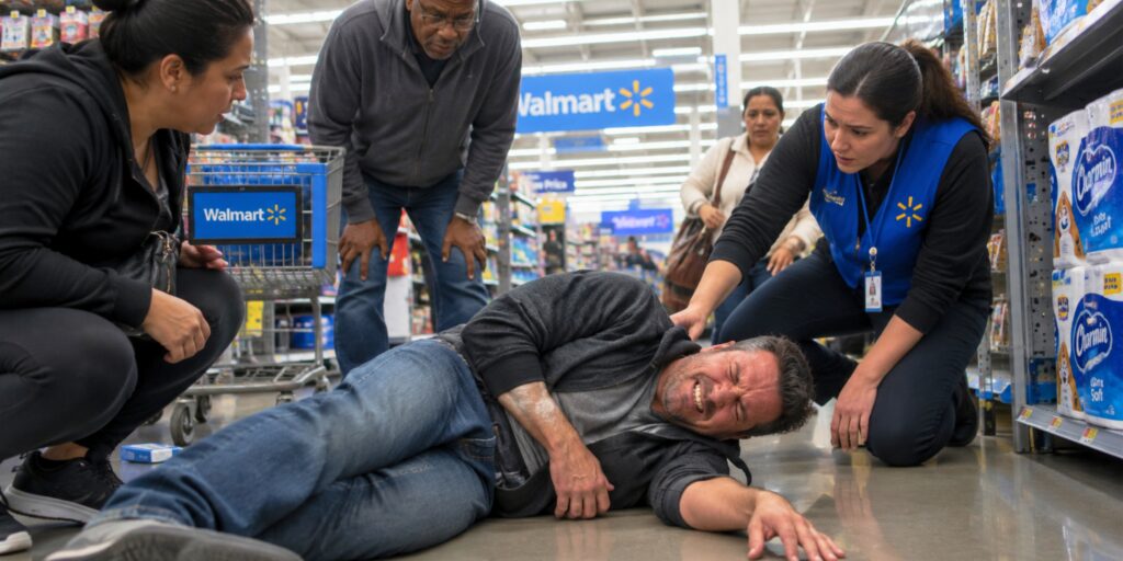 Injured man lying on a supermarket floor surrounded by concerned shoppers and store staff after a slip and fall accident.