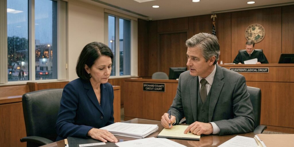 Sober, solemn photograph of a woman and her attorney reviewing concurrent probate and wrongful death lawsuit documents at a counsel table in a Broward County courtroom; a judge presides in the background under the 'SEVENTEENTH JUDICIAL CIRCUIT' sign, near the 'BROWARD COUNTY CIRCUIT COURT' bench. Image supports legal services for wrongful death under F.S. 768.19.