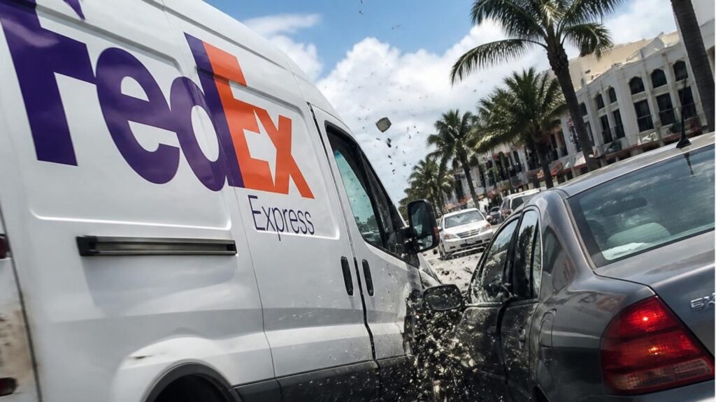 White FedEx Express delivery van rear ending a gray sedan at a sunny South Florida intersection, showing severe front end vehicle damage.