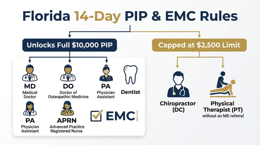 Infographic showing approved medical providers (MD, DO, PA, APRN) required to unlock $10,000 PIP benefits versus $2,500 caps under Florida Statute 627.736.