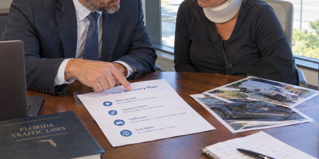 An attorney at Reinfeld Cabrera Tison (RCT Law) in South Florida reviews an intersection collision recovery plan and medical photos with a client wearing a neck brace during a commercial van accident case study consultation.