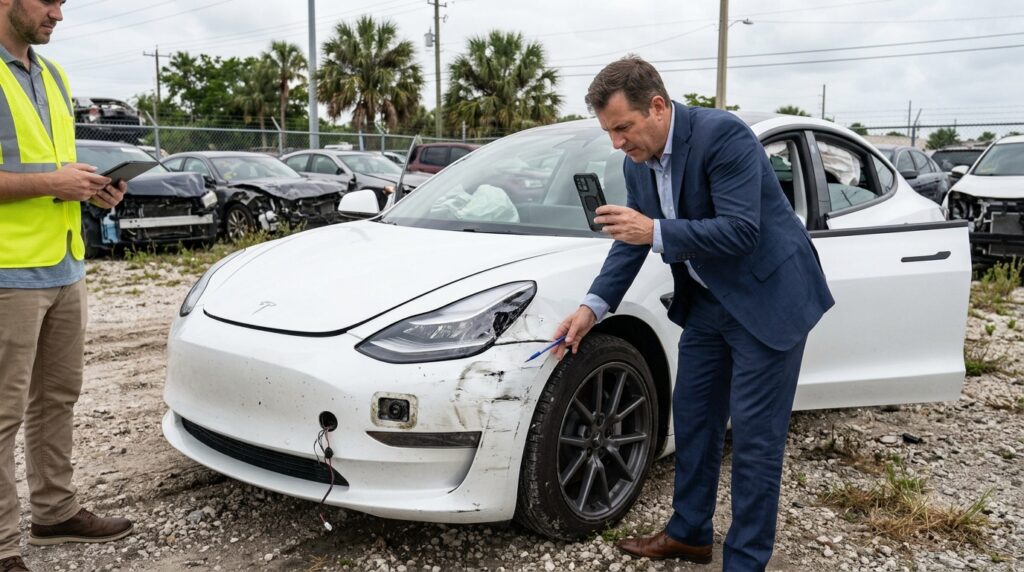 A Florida personal injury attorney using a smartphone to photograph damage and sensor cameras on a crashed white Tesla autonomous vehicle at an outdoor impound lot, with a forensics expert assisting.