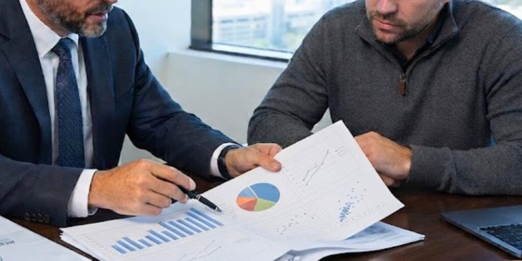 During a medical malpractice consultation, an attorney from Reinfeld Cabrera Tison (RCT Law) in South Florida sits side-by-side with a client, pointing with a pen to complex clinical data and charts. They are reviewing dense medical records to decode a surgical error and misdiagnosis claim, as detailed in the firm's case study.