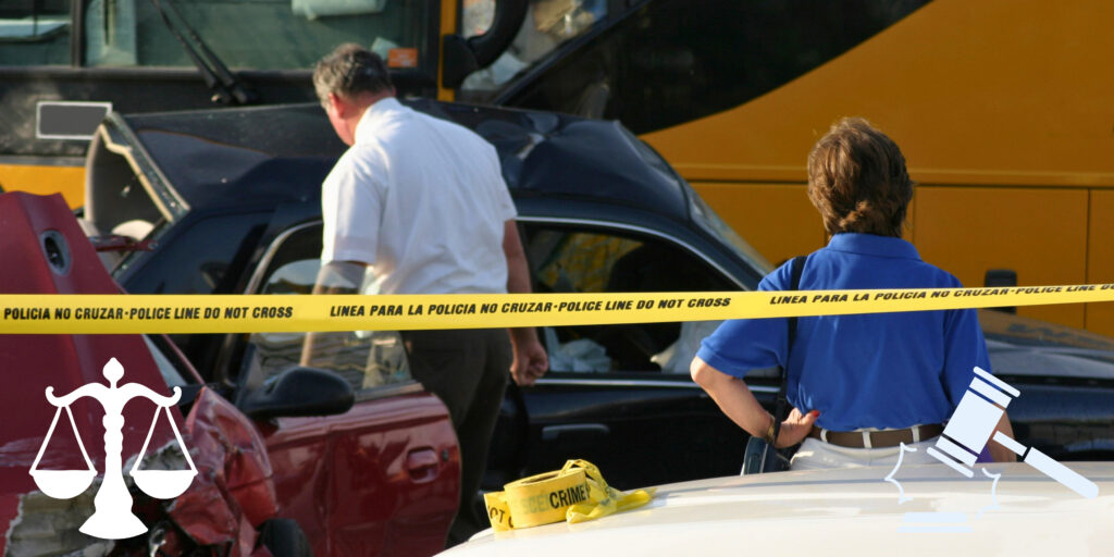 Coral Springs attorneys and investigators evaluating a vehicle collision involving a school bus in South Florida behind police tape.
