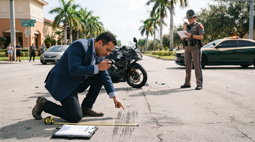 A personal injury attorney from Reinfeld Cabrera Tison, wearing a blue blazer, kneels on a Florida roadway in Coral Springs to photograph skid marks and investigate the scene of a motorcycle accident. A damaged black motorcycle lies nearby, and a Florida Highway Patrol trooper completes an accident report in the background under palm trees.