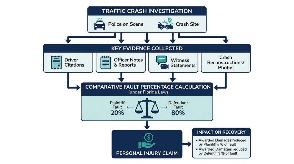 Diagram illustrating how traffic citations influence percentage of fault under Florida comparative negligence law.