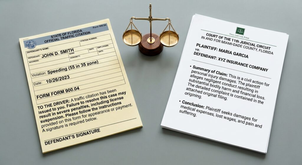 Side by side visual demonstrating how Florida traffic tickets differ from civil personal injury claims.