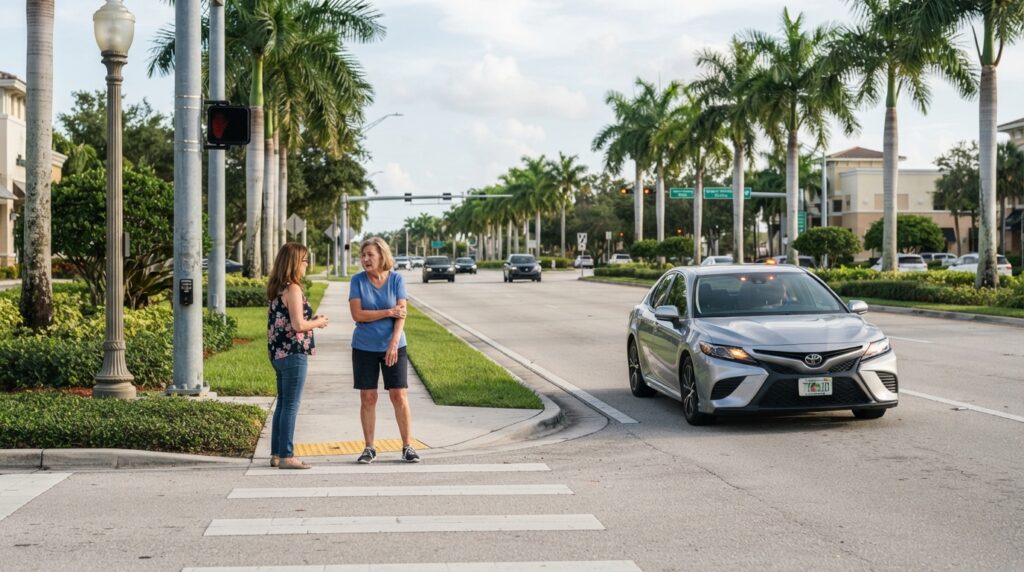 Escena de accidente peatonal cerca de un cruce peatonal en Coral Springs, Florida